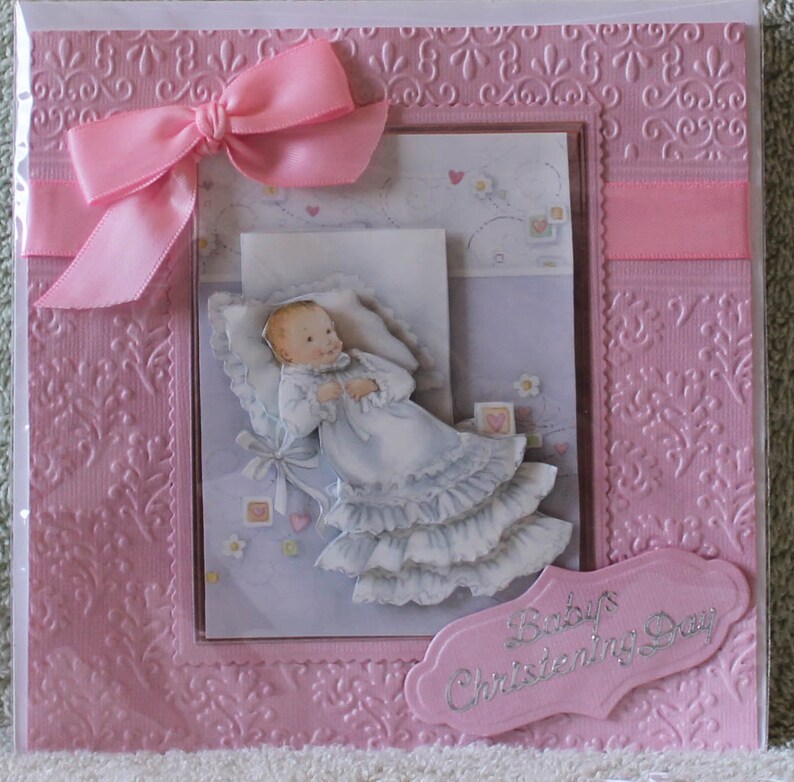 Handmade Beautiful 3d baby dressed in a layered christening gown Christneing day card CHRISTENING
