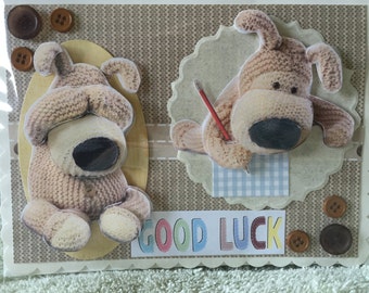 GOOD LUCK or Thinking of you Greeting Card, Handmade beautiful choice between 2 3d cute BOOFLE The Knitted dog card Busy Writing in his Book