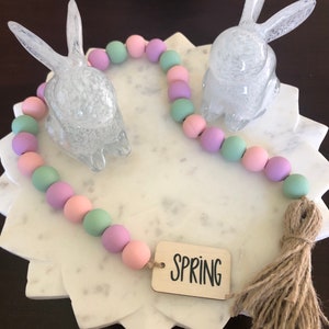 Wood Bead Garland, Spring Garland, Spring Wooden Bead Garland, Decorative Tray, Tiered Tray, Spring Decorations For Home, Spring Tray