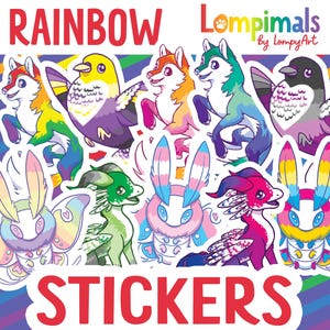 Puede incluir: Una colección de pegatinas coloridas con varios animales y criaturas de dibujos animados con detalles de arcoíris. La palabra "RAINBOW" está en la parte superior y "STICKERS" en la parte inferior en rojo. Diseñado por LompyArt.