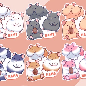 K&ouml;nnte beinhalten: Sechs Sets mit niedlichen Cartoon-Hamster-Aufklebern in verschiedenen Farbkombinationen. Jedes Set enth&auml;lt zwei Hamster, von denen einer eine Nuss h&auml;lt. Die Hamster sind mit HAM1 bis HAM6 beschriftet.