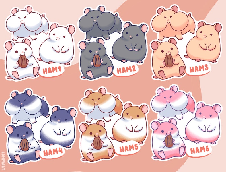 K&ouml;nnte beinhalten: Sechs Sets mit niedlichen Cartoon-Hamster-Aufklebern in verschiedenen Farbkombinationen. Jedes Set enth&auml;lt zwei Hamster, von denen einer eine Nuss h&auml;lt. Die Hamster sind mit HAM1 bis HAM6 beschriftet.