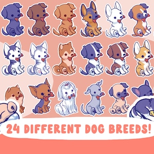 Wähle deinen Hund! Sticker Pack Custom (24 verschiedene Hunderassen, Husky Boxer Schäferhund Corgis Shiba Inu Mops Labrador Yorkie Beagle Pommern Dalmatiner)