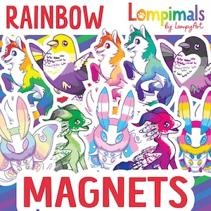 May include: Colorful magnets featuring various cartoon animals and creatures with rainbow accents. The word "RAINBOW" is at the top, and "MAGNETS" is at the bottom in red. The magnets are designed by LompyArt.