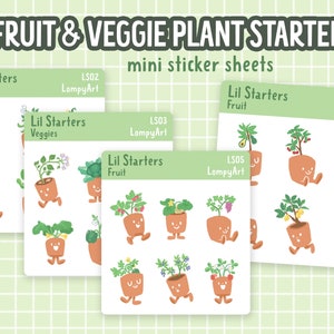 May include: Four sticker sheets featuring illustrations of potted plants with cartoon faces. The sheets are labeled "Lil Starters" and include "Veggies" and "Fruit" categories. Each sheet has a unique design and includes the artist's name "LompyArt".