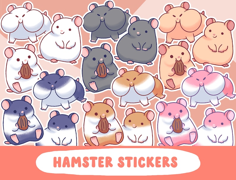 K&ouml;nnte beinhalten: Ein Set mit 16 bunten Hamster-Stickern mit verschiedenen Posen und Gesichtsausdr&uuml;cken. Die Sticker zeigen Hamster, die N&uuml;sse halten, und haben einen wei&szlig;en Umriss. Der Text "HAMSTER STICKERS" befindet sich am unteren Rand des Bildes.