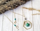 NILO Peruvian Opal Grey Moonstone Turquoise Hexagon Necklace Geometric Necklace Turquoise Opal Necklace 14K Gold Necklace