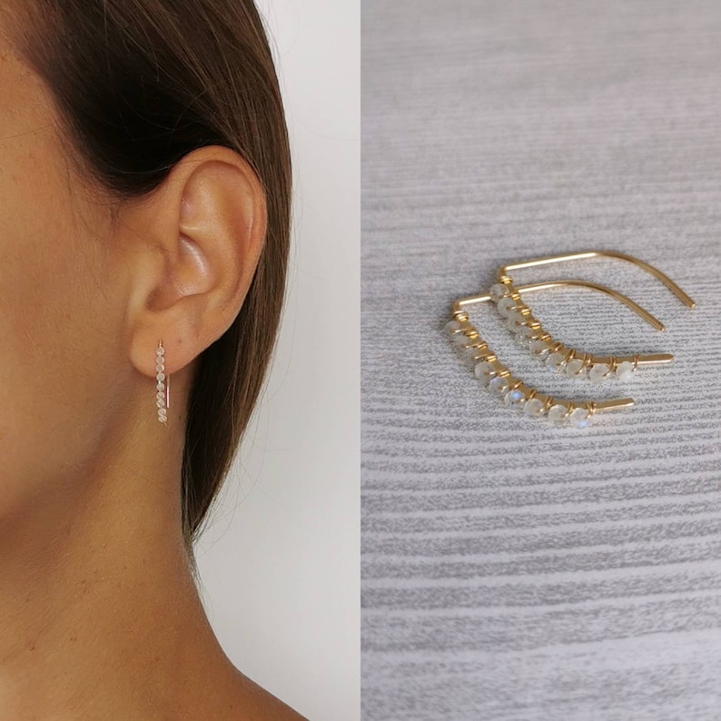NOVA Tiny Cascading Gemstone Ear Threaders \u2022 Choose your Gemstone \u2022 Earring Threads \u2022 Minimalist Earrings Wires \u2022 Wishbone Earrings