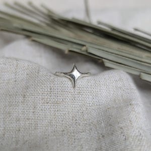 May include: A silver ring featuring a four-pointed star design. The ring is displayed on a textured, off-white fabric, with dried plant stems in the background. The star has a raised, three-dimensional appearance.