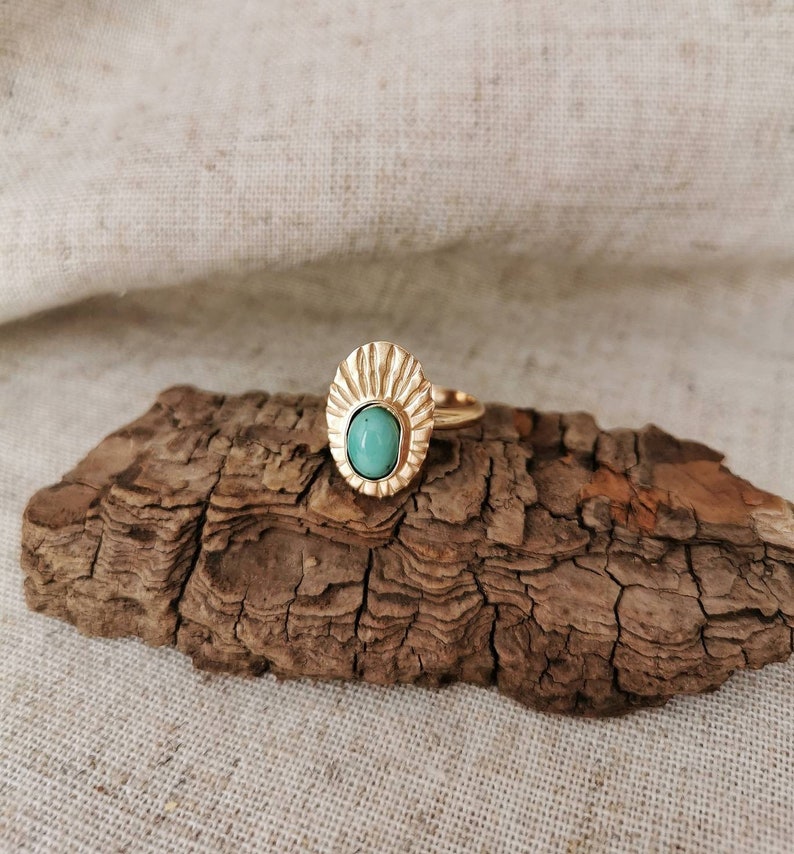 SURYA// Solstice Turquoise Ring Hand Stamped Sunburst Ring Turquoise Ring Sunray Stamped Ring Genuine Turquoise December Birthstone image 2