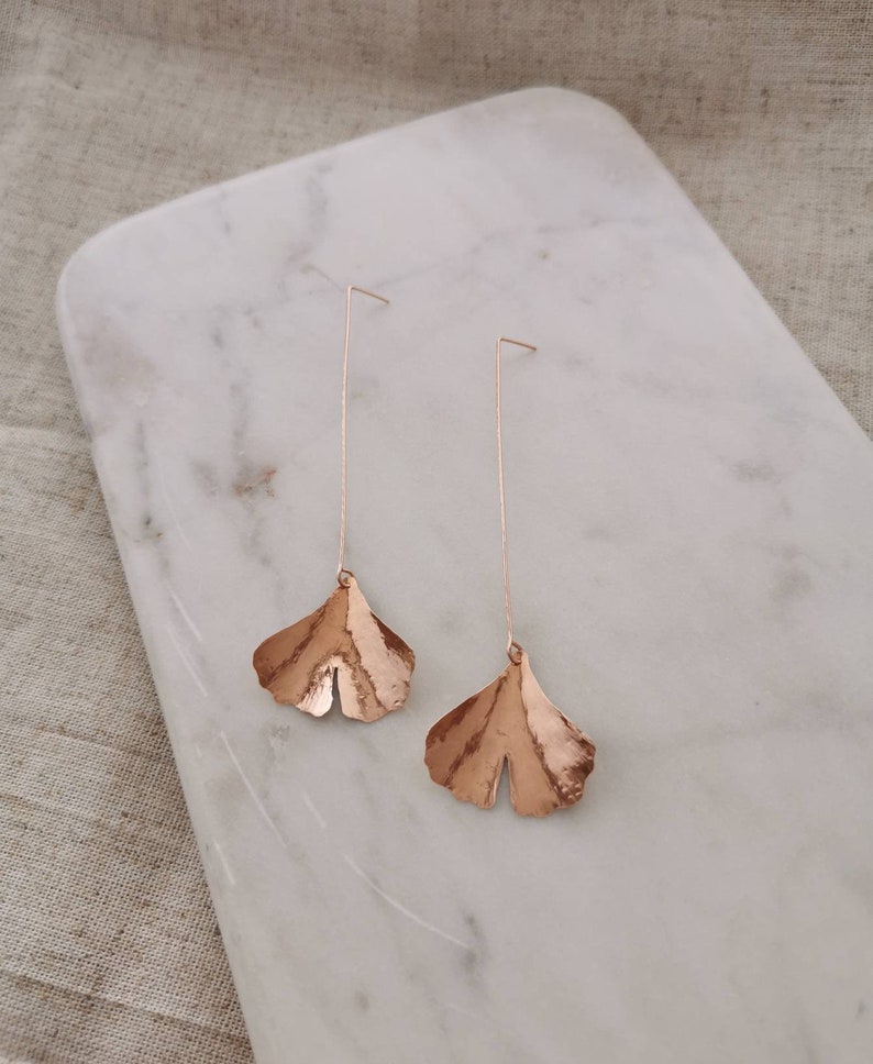 GINKGO// Hammered Leaf Earrings Ginkgo Leaf Earrings Hand forged Leaf Earrings Maidenhair Tree Leaves image 4