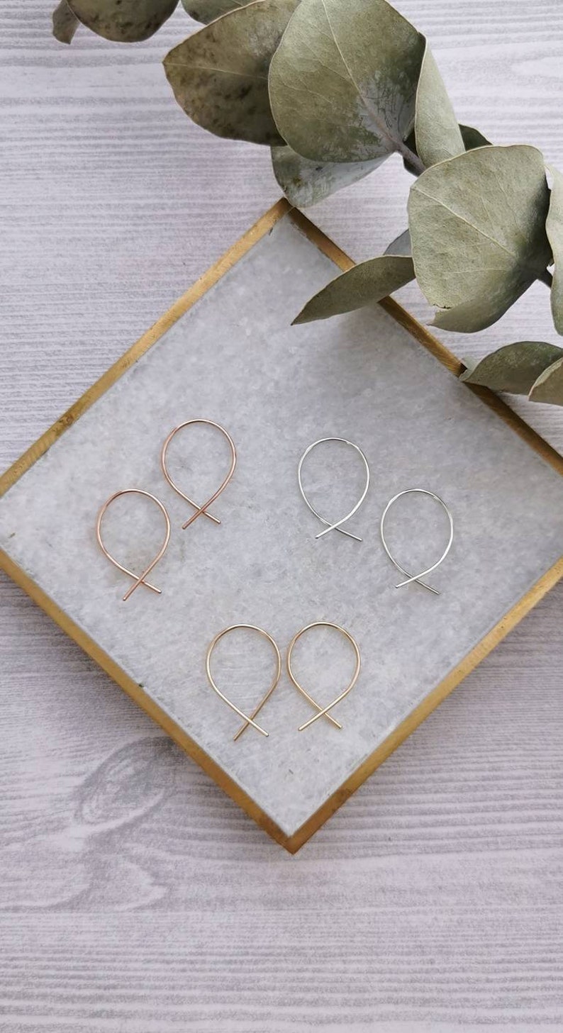 INFINITY// Wishbone Earrings Criss Cross Hoops Tiny Hoops Ear Threaders Minimalist Earrings 14K Gold Rose Gold Sterling Silver image 2