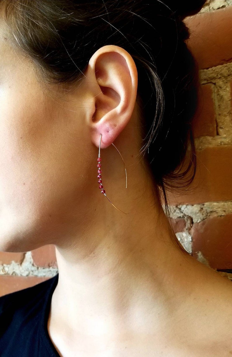 STELLAR Delicate Ear Threads \u2022 Sparkly Red Garnet \u2022 14K Gold Threaders \u2022 Delicate Minimalist Earrings \u2022 January Birthstone