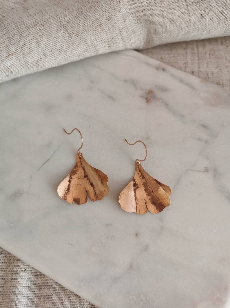 GINKGO// Hammered Leaf Earrings Ginkgo Leaf Earrings Hand forged Leaf Earrings Maidenhair Tree Leaves image 1