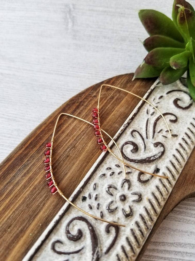 STELLAR Delicate Ear Threads \u2022 Sparkly Red Garnet \u2022 14K Gold Threaders \u2022 Delicate Minimalist Earrings \u2022 January Birthstone