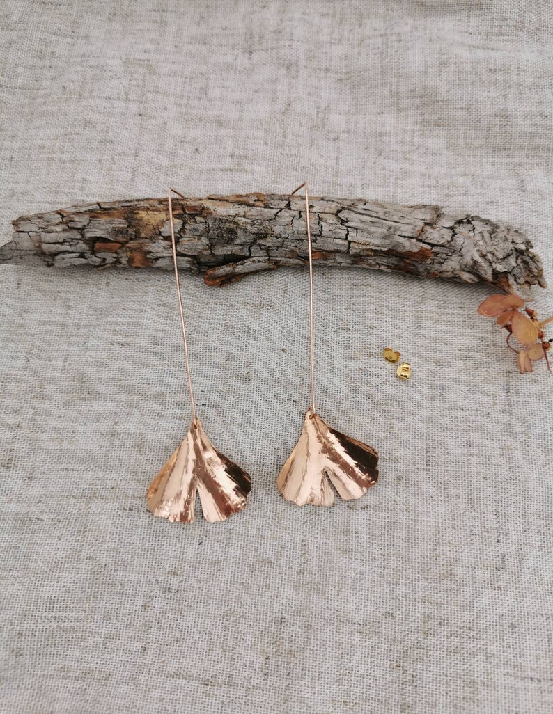 GINKGO// Hammered Leaf Earrings Ginkgo Leaf Earrings Hand forged Leaf Earrings Maidenhair Tree Leaves image 8