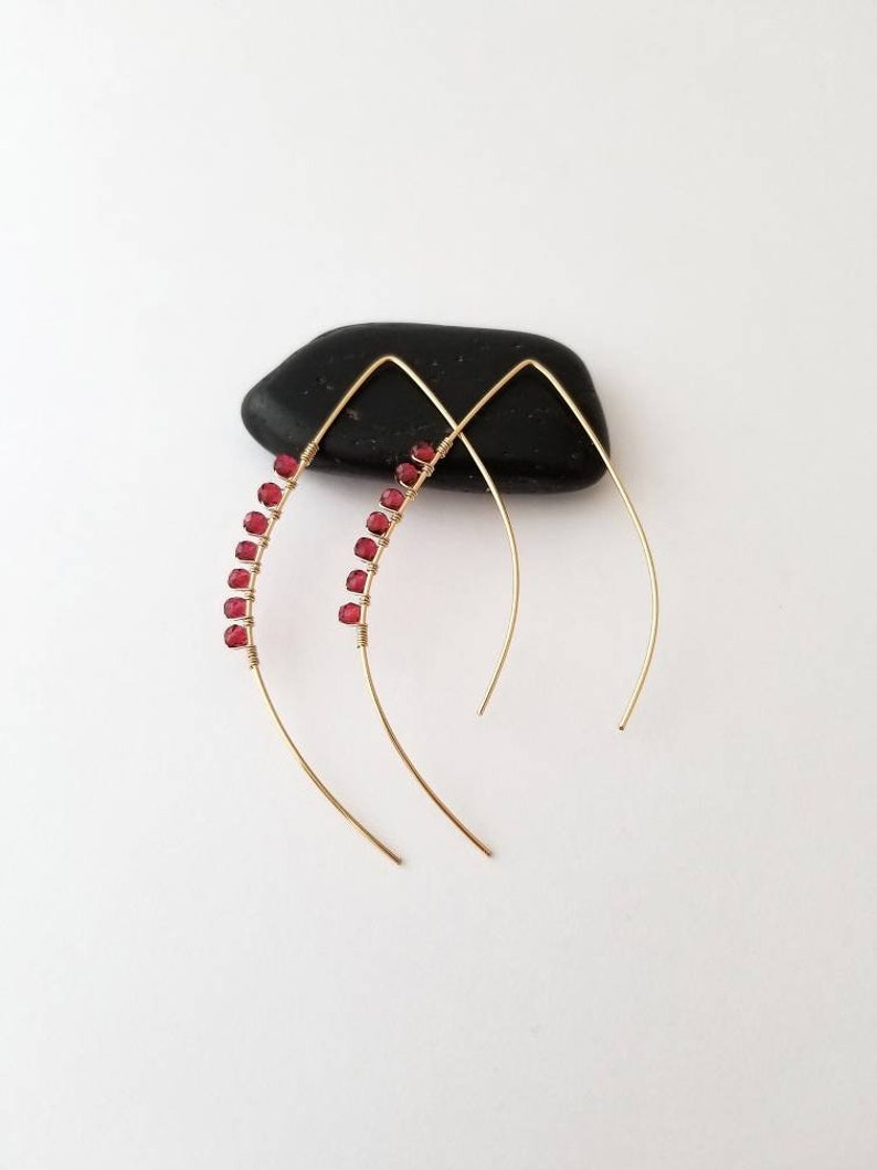 STELLAR Delicate Ear Threads \u2022 Sparkly Red Garnet \u2022 14K Gold Threaders \u2022 Delicate Minimalist Earrings \u2022 January Birthstone