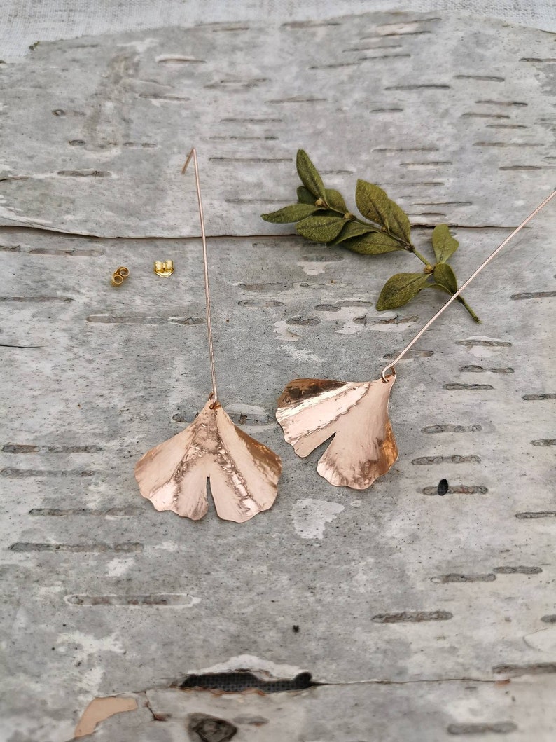 GINKGO// Hammered Leaf Earrings Ginkgo Leaf Earrings Hand forged Leaf Earrings Maidenhair Tree Leaves image 7