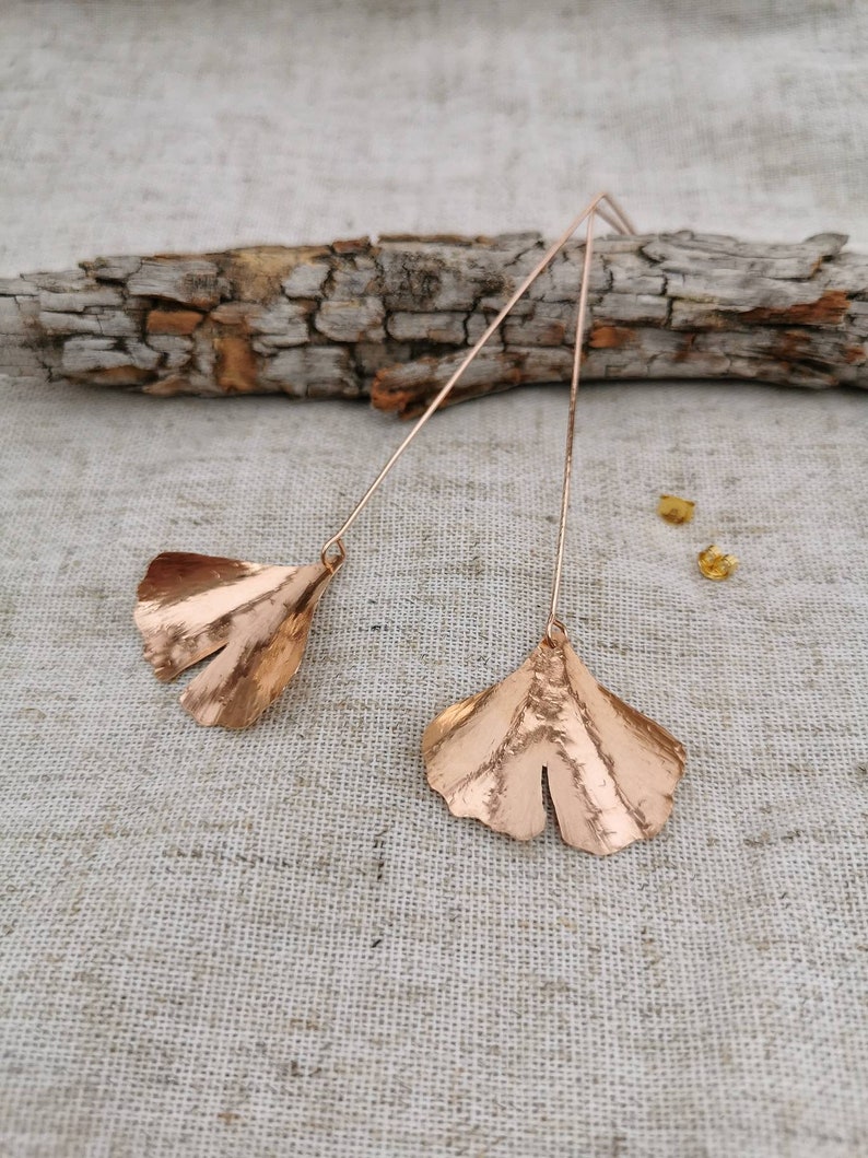 GINKGO// Hammered Leaf Earrings Ginkgo Leaf Earrings Hand forged Leaf Earrings Maidenhair Tree Leaves image 5