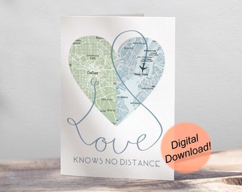 Long Distance Relationship Gifts / Custom Long Distance Card / Valentine Card / Personalized Map Card / Custom Map / Love Knows No Distance