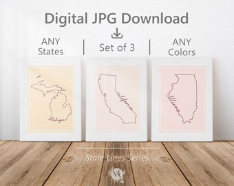 State Line Print Set / Printable JPG / Set of 3 / ANY States / Custom State Prints / State Artwork / USA Art Print / Custom State Art Prints