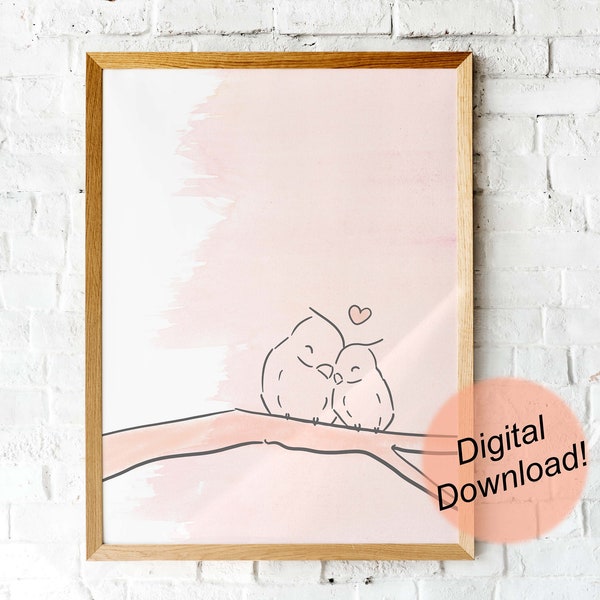 Pink Lovebird Print / Couples Lovebird Art Print / Lovebird Artwork / Wedding Gift Ideas / Love Birds / Anniversary Gift Idea / Couples Gift