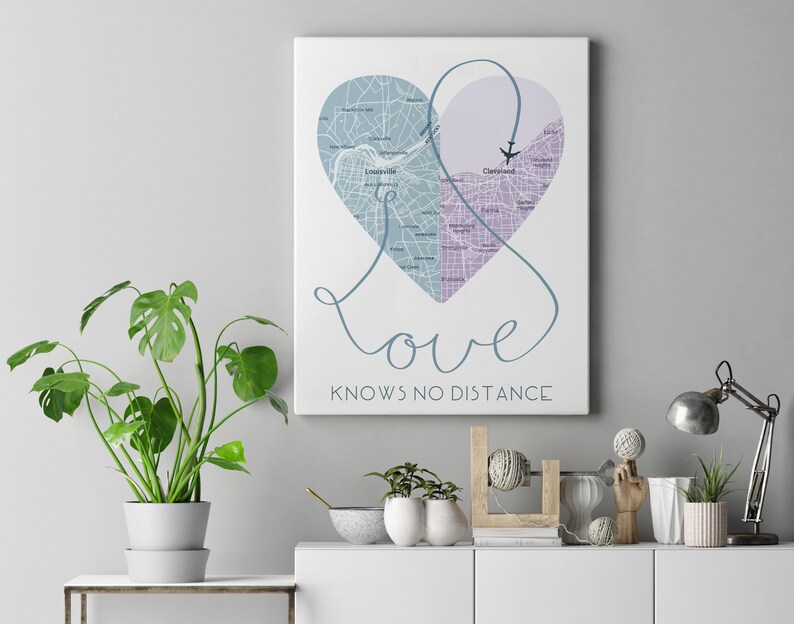 Love Knows No Distance Print / Long Distance Relationship Gifts / Custom Map Print / Personalized Map Print / Boyfriend Gift Giclee Canvas