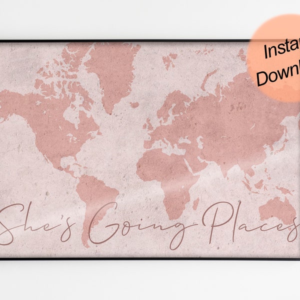 Pink World Map Print / She's Going Places / Map of the World / World Map Wall Art / Nursery Decor / Graduation Gift / Dorm Decor