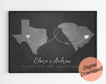 Custom State Print / Long Distance Relationship Print / State Map Print / Printable / Personalized Map Print / Boyfriend Gift Ideas