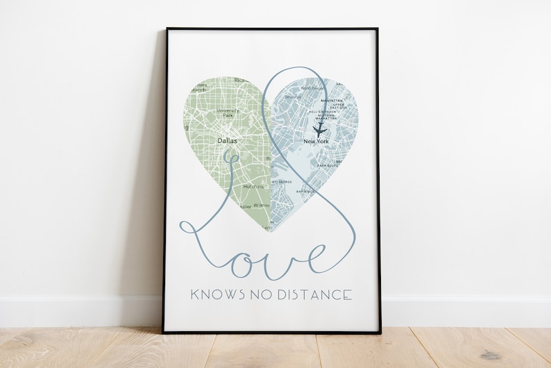 Love Knows No Distance Print / Long Distance Relationship Gifts / Custom Map Print / Personalized Map Print / Boyfriend Gift image 1