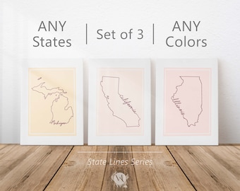 State Lines Print Set / Set of 3 / Any State / Custom State Art Print / State Line Art / USA Print Set / Pastel State Wall Art / Moving Gift