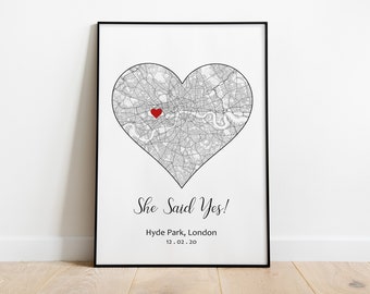 She Said Yes Location Map Print / Engagement Gift for Couples / Personalized Custom Engagement Print / Location Map Wall Art / Custom Map