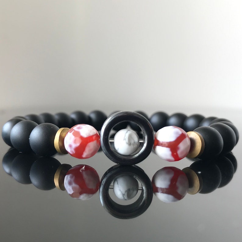 Unisex Mala Women 8mm Natural Howlite Prayer/&Frosted Black Tibetan Agate,Hematite Beads Mala Handmade Beaded Stretch Bracelet for Men/'s
