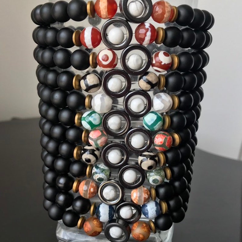 Unisex Mala Women 8mm Natural Howlite Prayer/&Frosted Black Tibetan Agate,Hematite Beads Mala Handmade Beaded Stretch Bracelet for Men/'s