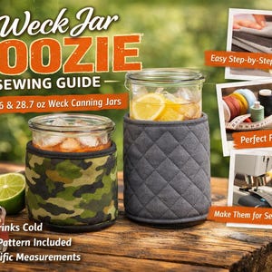 May include: Two Weck jar koozies are shown, one with a camouflage pattern and the other in grey quilted fabric. The text reads "Weck Jar Koozie Sewing Guide" and "Fits: 553ml & 813ml Weck Canning Jars". The koozies keep drinks cold.
