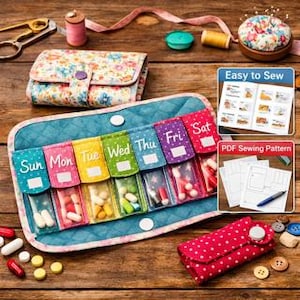 May include: A quilted teal pill organizer with seven clear compartments labeled for each day of the week. The organizer is surrounded by sewing notions, including a floral print wallet, a pin cushion, and a red polka dot case.