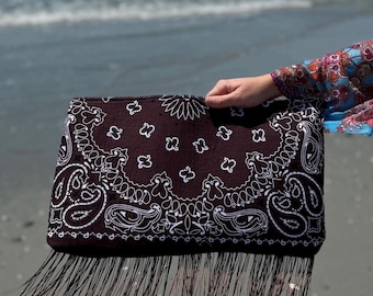 Custom Fringe Bandana Pouch | Handmade Western Clutch Bag | Personalized Embroidered Cosmetic Bag | Custom Color Boho Fringe Purse