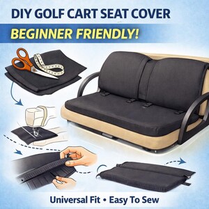 May include: DIY golf cart seat cover, beginner-friendly. The image shows a black seat cover on a golf cart, with additional images of the sewing process. Includes scissors, measuring tape, and the text "Universal Fit • Easy To Sew".