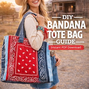 Puede incluir: Un bolso tote bandana rojo, blanco y azul con base de mezclilla. La bolsa presenta un centro de bandana rojo con diseños de cachemira blancos y lados de bandana azules. El texto en la imagen dice "DIY Bandana Tote Bag Guide - Instant PDF Download."