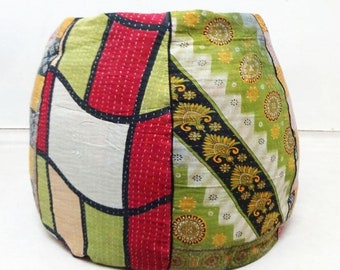 Handmade Floral Kantha Cotton Bean Bag Chair: Bohemian Ottoman Pouf