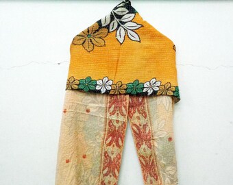 Handmade Kantha Embroidered Cotton Scarf: Reversible Boho Neck Wrap