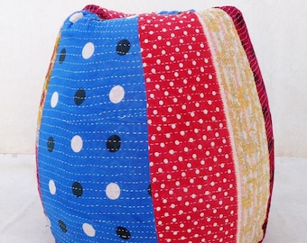 Handmade Kantha Quilt Bean Bag Chair: Floral Cotton Ottoman Pouf