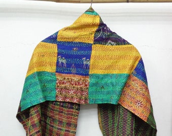 Reversible Silk Kantha Scarf | Floral Boho Wrap, Stole, Dupatta, Headband