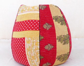 Handmade Floral Kantha Quilt Bean Bag Chair: Bohemian Ottoman Pouf