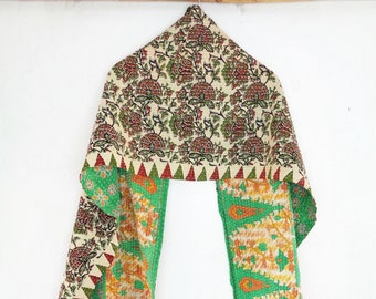 Handmade Cotton Kantha Scarf: Embroidered Floral Neck Wrap