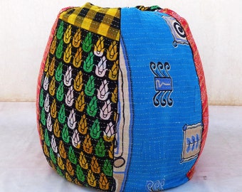 Handmade Floral Cotton Bean Bag Chair: Embroidered Bohemian Ottoman Pouf