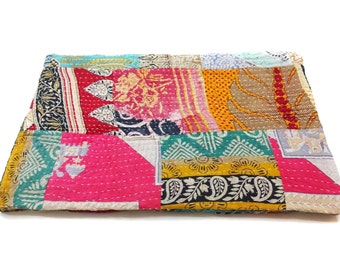 Handmade Floral Kantha Quilt: Indian Cotton Twin Bedspread
