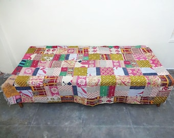Twin Cotton Kantha Quilt: Floral Indian Bedspread Blanket