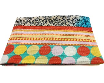 Twin Cotton Kantha Quilt: Floral Indian Bedspread Blanket