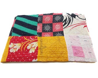 Edredón Kantha floral hecho a mano, colcha de algodón individual, manta de cama india